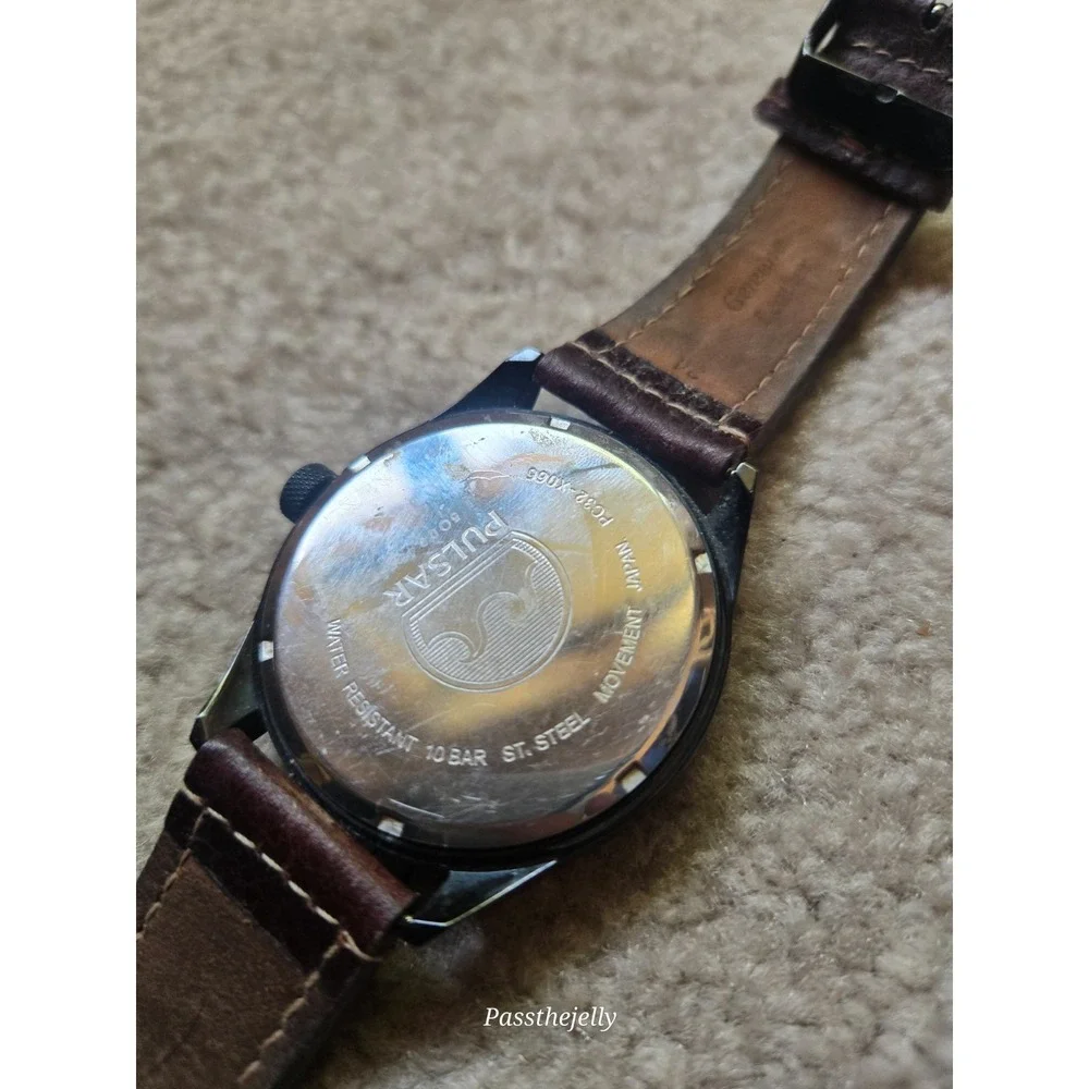 Pulsar Watch Mens Black Dial Orange Accent Date Quartz Field Watch Brown Leather